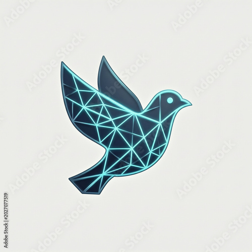 Geometric Neon Blue Bird Silhouette Flying Icon on White Background