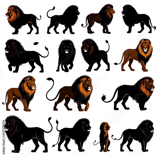 A collection of lion silhouettes in various poses and colors