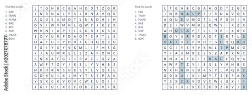 Photos Word search puzzle with words on the topic of transport highlighted on grid back