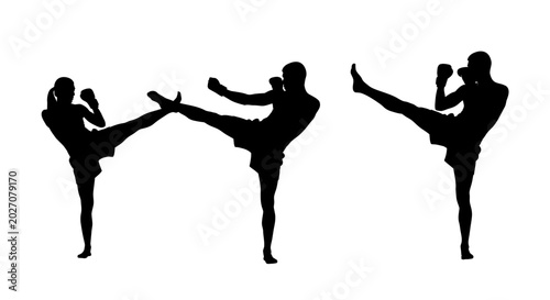 Tableau sur toile Silhouettes of people kicking in martial arts.