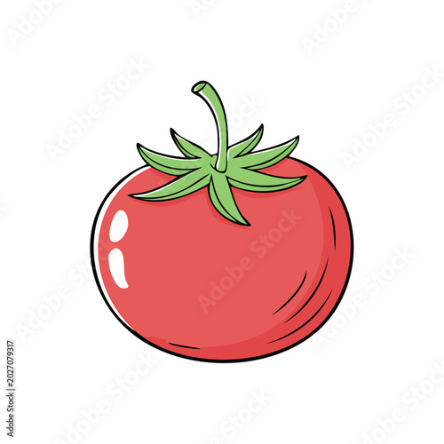 Simple Red Tomato Illustration with Green Stem and Leaves Hand Drawn Style