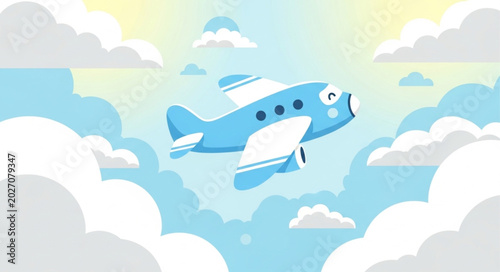 Tableau sur toile Cartoon Airplane Flying Through Cloudy Sky Illustration.