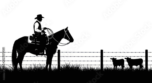 Fényképezés Cowboy Riding Horse with Sheep Grazing.