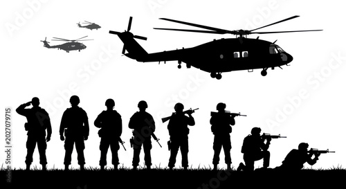 Konstfotografi Soldiers with military helicopter and guns.