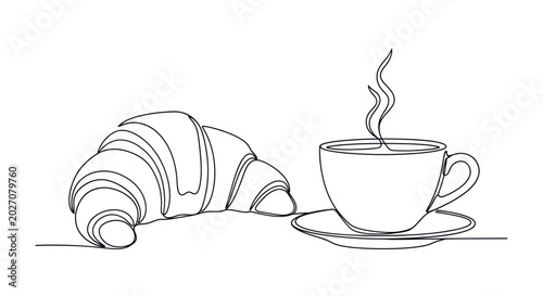 Quadro su tela Croissant and steaming hot coffee cup.