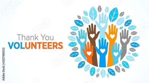 Thank you volunteers concept illustration with colorful hands and leaves isolated on white background