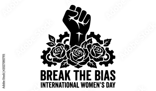 Photography Bold black silhouette Women's Day protest poster with raised fist roses and brea