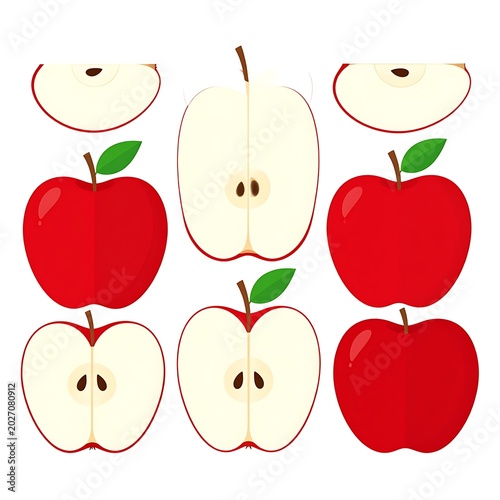 A collection of red apples and apple halves with green leaves