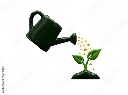 Watering can nourishing a young plant with golden star-shaped fertilizer