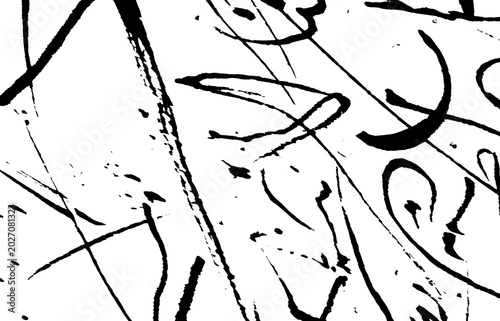 Distressed grunge calligraphic ink strokes random on transparent background. Abstract curvey calligraphic wet fluid strokes PNG.