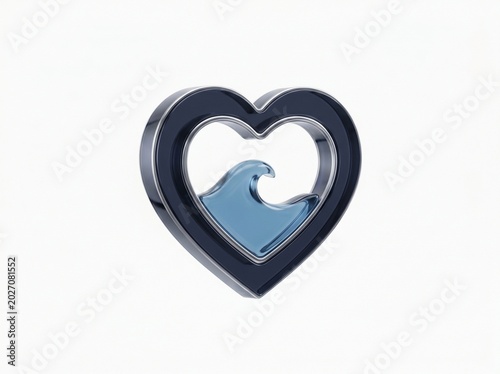 Metallic Heart with Blue Wave Symbolizing Ocean Love and Water Conservation
