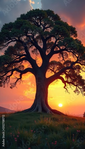 A majestic, ancient oak tree stands tall, its gnarled branches reaching towards a vibrant sunset, symbolizing the enduring power and wisdom of nature , old, branches