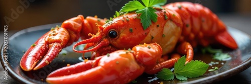 Close-up of a vibrant red lobster, glistening with spicy chili oil, garnished with fresh herbs  Aromatic steam rises, hinting at the fiery flavor within ,  garlic,  menu