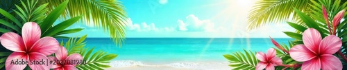 Vibrant summer holiday flyer design featuring tropical leaves, exotic flowers, and a sun-drenched beach scene, perfect for travel, vacation, or promotional use , beach, sky