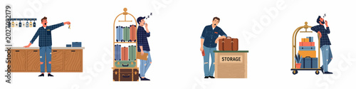 Foto Set of tired and yawning hotel staff characters working at reception, storage, and with luggage carts, illustrating workplace exhaustion and fatigue