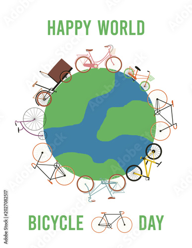 Bicycles ride around Planet Earth on World bicycle day. Minimalistic flat vector poster on white background.
