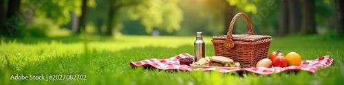 A cozy scene of a blanket spread on lush green grass, surrounded by nature, featuring a wicker picnic basket, a thermos, and assorted food items for a relaxed outdoor meal , picnic basket, serene