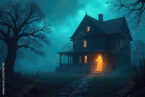 Spooky, ethereal ghost figure emerging from a haunted house on a misty Halloween night Perfect for Halloween, spooky season, or supernatural themes , scary, moon, spooky background