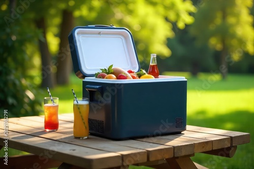 A sleek, modern electric cooler sits on a picnic table outdoors, surrounded by lush greenery Perfect for keeping drinks and food cold during outdoor adventures , stylish, green, beverage