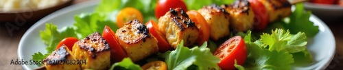 Grilled chicken and veggie skewers over a vibrant summer salad; perfect BBQ side dish  Fresh, healthy, delicious, summer meal ,  bbq,  spices