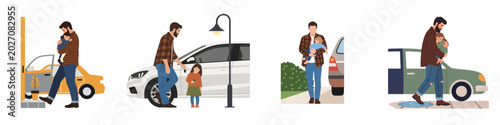 Foto Illustrations of a father carrying his sleeping child and interacting with a car, depicting parental care and daily routine
