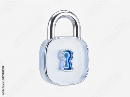 Secure padlock icon with a glowing blue keyhole on a white background