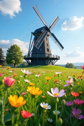 A vibrant springtime scene featuring a classic windmill gracefully turning amidst a field of blossoming wildflowers and lush green grass under a bright, sunny sky , farm, flora