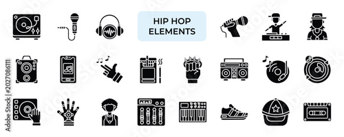 Bild auf Leinwand Hip Hop Element Icon set Collection in Solid Glyph Style