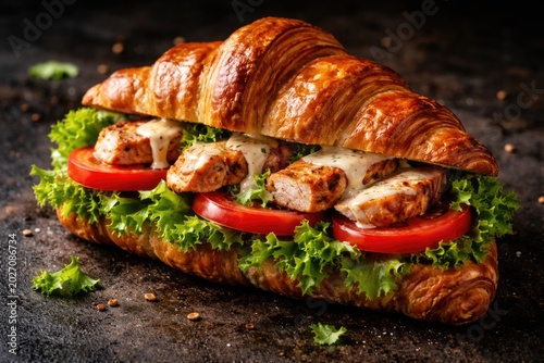Fresh crispy croissant layered with roasted chicken crunchy lettuce sliced red tomatoes and zesty sauce over dark concrete