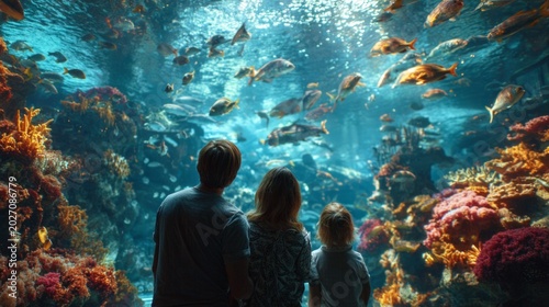The family looks out at the huge aquarium, which provides a mesmerising backdrop for articles about aquariums, marine life and family leisure activities.