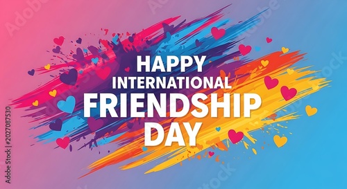 Happy international friendship day colorful brushstroke background with hearts
