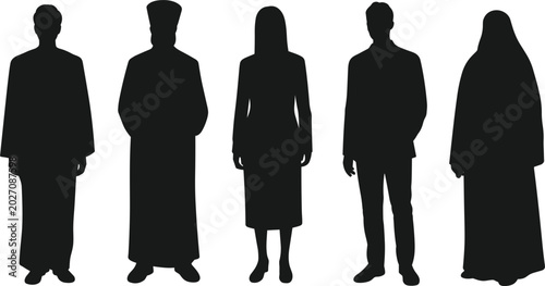 Foto Silhouettes of five individuals in distinct traditional or religious attire on w