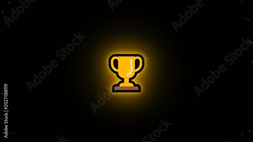 **Golden trophy appearing and enlarging on a black background with glowing effects and fireworks bursts, symbolizing achievement, success, celebration, and victory in a dramatic digital style