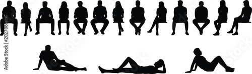 Collection of diverse black silhouettes of people sitting and lying down group