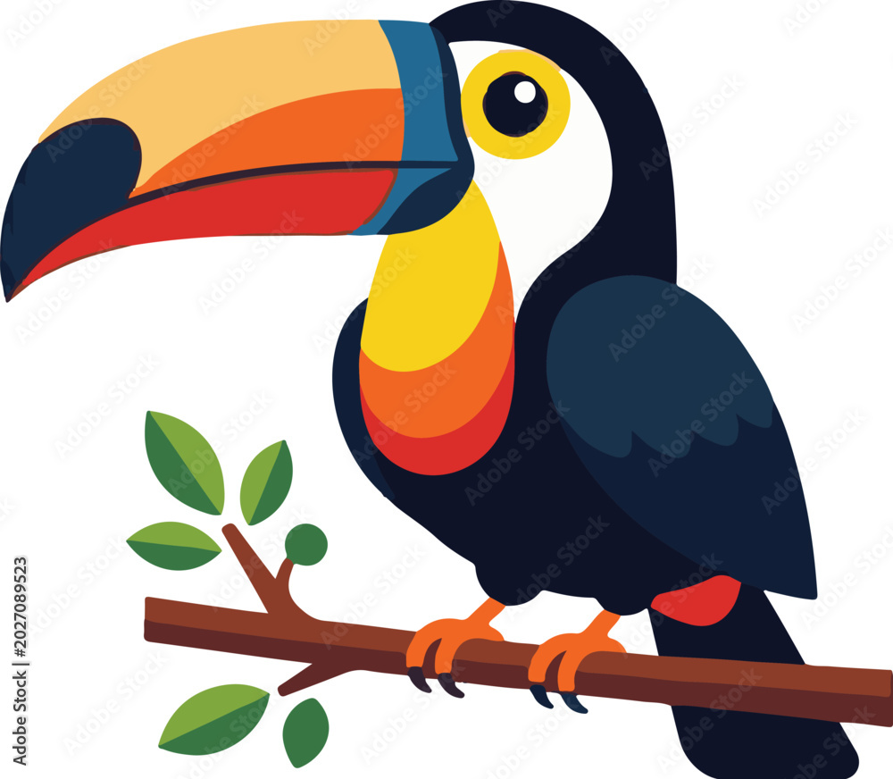 Fototapeta premium Colorful toucan perched on a branch with leaves isolated on white background