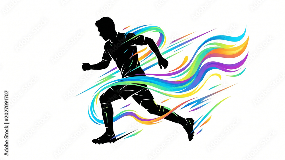 Fototapeta premium A man runs quickly with colorful motion lines behind him in a track event
