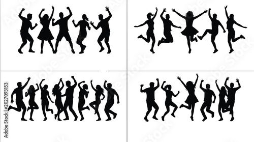 Obraz na plátně Vector silhouettes of happy jumping people and energetic dancing crowds celebrat