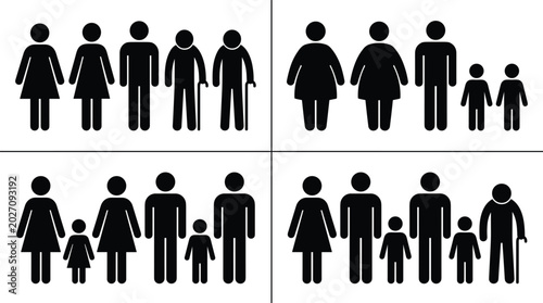 Fotografie Vector illustration of diverse human family structures, demographic segments, ag