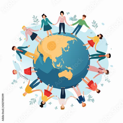 Diverse people unite around the world, holding hands to symbolize global unity, peace, and collective responsibility for our planet, fostering international cooperation and harmony