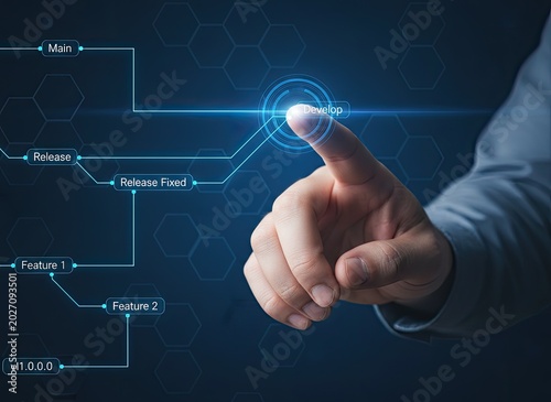 Business professional touching a digital interface to initiate software development and version control management processes