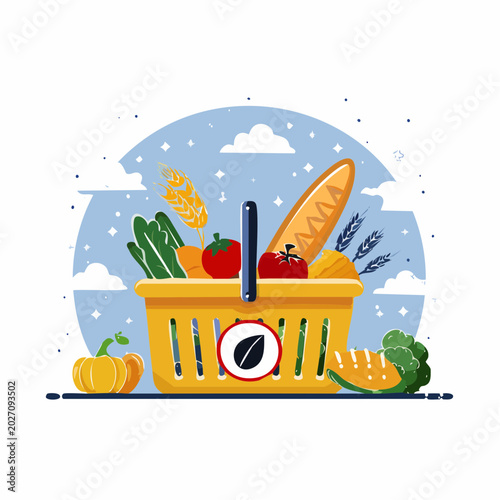 Brightly Colored Grocery Basket Overflowing with Fresh Produce and Bread, Evoking a Sense of Abundance and Healthy Living