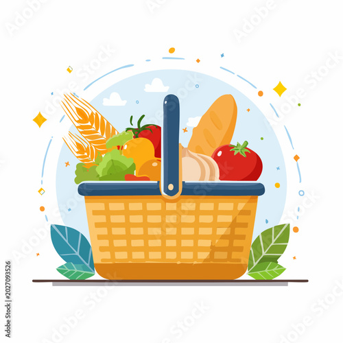 Colorful illustration of a charming wicker basket brimming with fresh, healthy produce, wholesome bread, and nutritious groceries, perfect for conveying a vibrant and abundant lifestyle