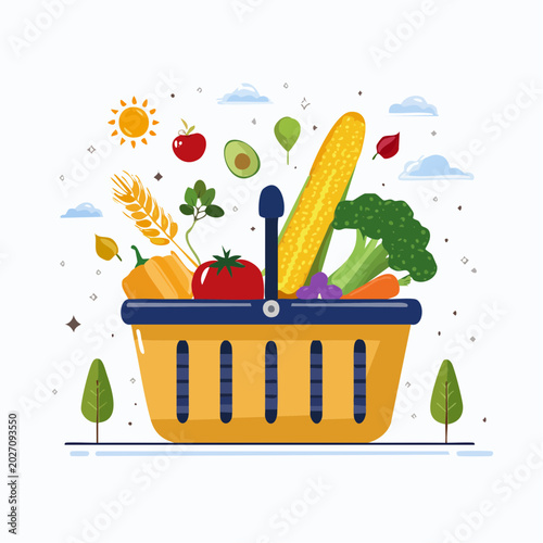 Vibrant illustration of a grocery basket filled with fresh fruits and vegetables, symbolizing healthy eating and smart choices for a balanced life