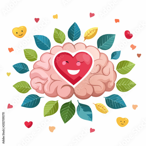 Happy Brain and Heart surrounded by Leaves and Hearts symbolising emotional wellbeing and mental health awareness