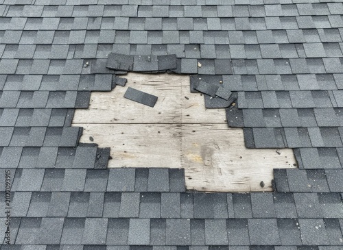 Damaged gray asphalt shingles showing exposed wooden roof decking needing urgent repair by a professional contractor