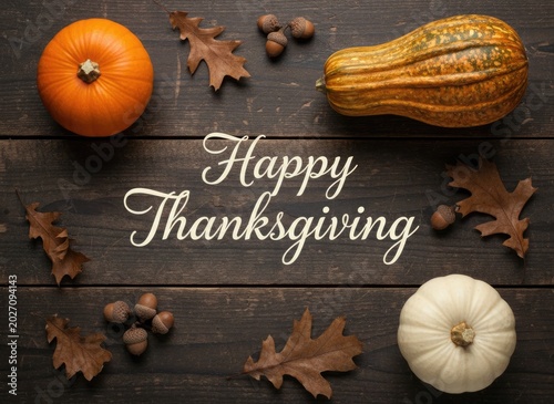 Festive Thanksgiving greeting with pumpkins and acorns arranged on rustic dark wooden planks flat lay