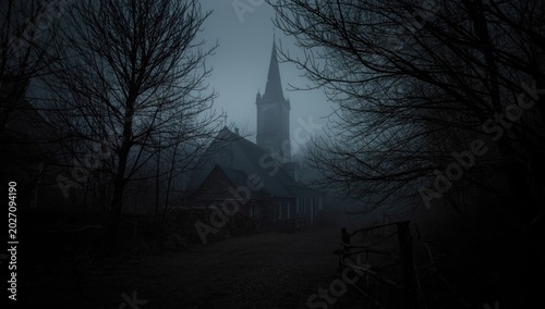 Black plague era village hidden in dark fog with terrifying Halloween mood