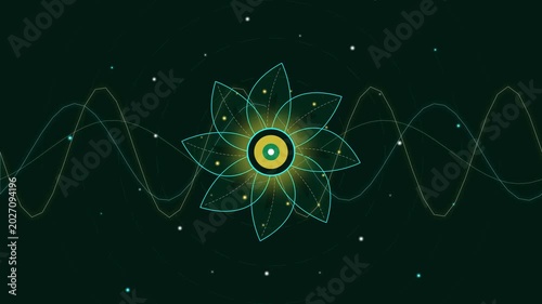 Abstract floral design with waveform pattern on dark green background