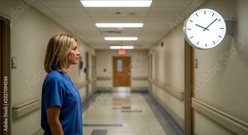 Nurse in blue scrubs standing in hospital corridor