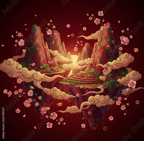 Spring Awakening Floating Mountains - Red Chinese Style Wallpaper
